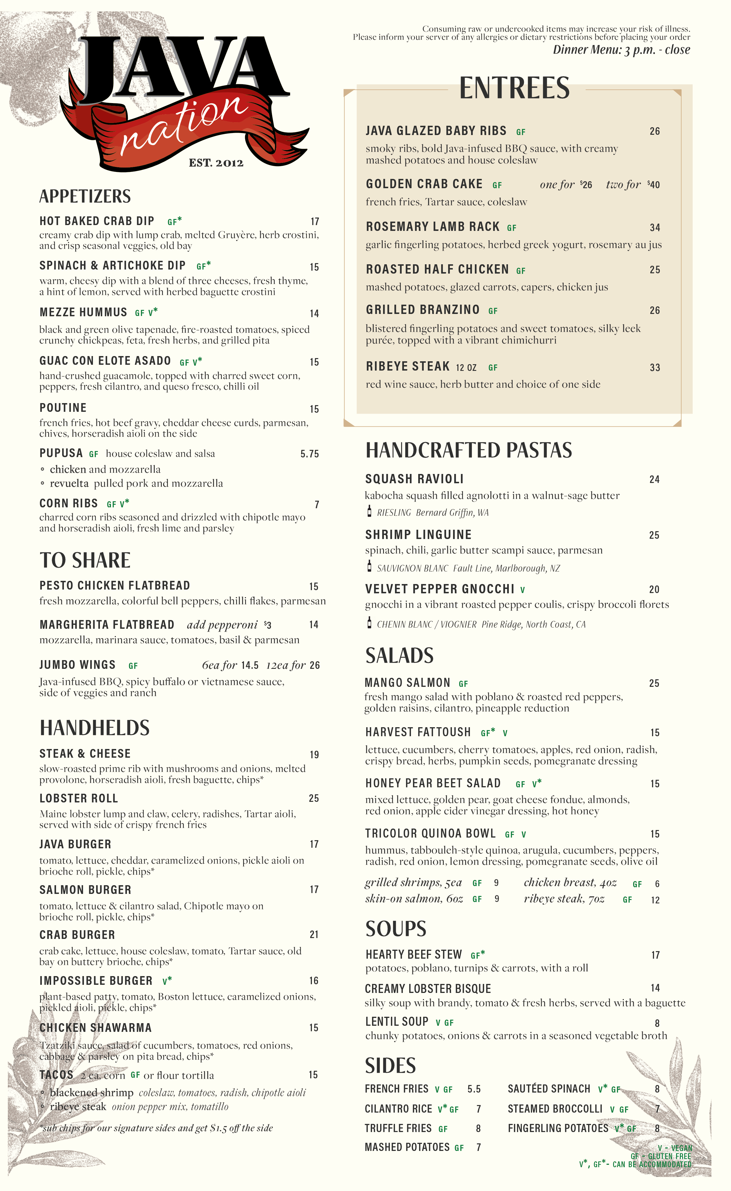 Dinner Menu Page 1